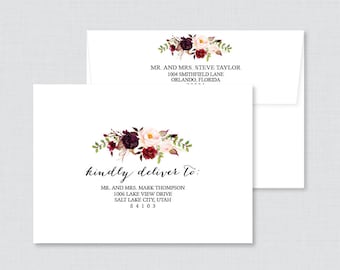 EDITABLE Wedding Envelopes - Printable, Editable Pink and Marsala Floral Wedding Envelopes with Calligraphy "Kindly Deliver To:" Rustic 0006