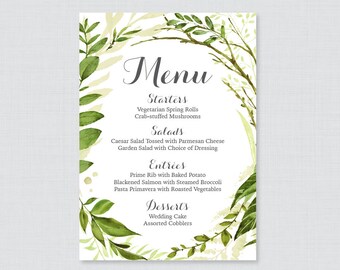 Printable OR Printed Wedding Menu Cards - Green Wreath Wedding Menu Cards, Rustic Greenery Menu Cards for Wedding 5x7 Size, Customized 0007
