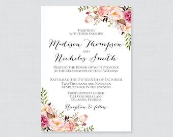 Printable OR Printed Wedding Invitations - Pink Floral Wedding Invitations, Rustic Flower Wedding Invites, Flower Corner Invitations 0004