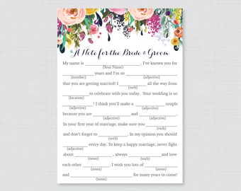 Printable Wedding Mad Libs - Floral Wedding Mad Libs Cards for Advice - Colorful Flower Wedding Reception Game/Activity Shabby Chic 0003-B