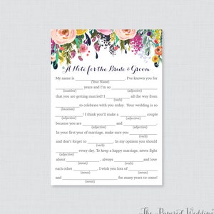Afdrukbare bruiloft Mad Libs - bloemen bruiloft Mad Libs kaarten voor advies - kleurrijke bloem bruiloft receptie spel/activiteit Shabby Chic 0003-B