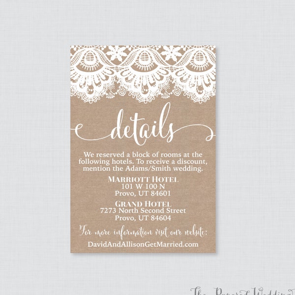 Printable OR Printed Wedding Details Cards - Burlap and Lace Wedding Details Inserts - Rustic Wedding Details Invitation Insert 0002