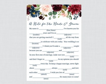 Printable Wedding Mad Libs - Navy Marsala Floral Wedding Mad Libs Cards for Advice - Rustic Wine Flower Wedding Reception Game/Activity 0010