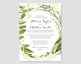 Printable OR Printed Wedding Invitations - Green Wedding Invitations, Green Botanical Wedding Invites, Rustic Greenery Leaves Wedding 0007