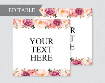 EDITABLE Wedding Tags - Printable Pink Floral Wedding Labels, Rustic Flower Square Wedding Buffet Labels or Tags, Editable Tags Wedding 0004