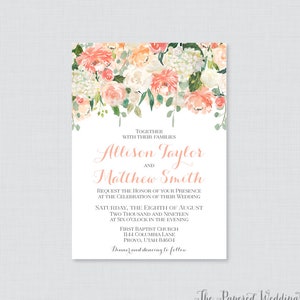 Printable OR Printed Wedding Invitations - Peach Floral Wedding Invitations, Peach, Coral, and Cream Flower Wedding Invites, 0009