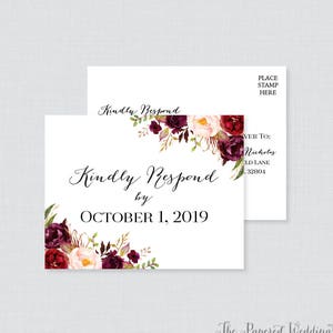 Printable OR Printed Wedding RSVP Postcards - Marsala Floral RSVP Postcards - Rustic Pink and Burgundy Wedding Response rsvp Postcard 0006