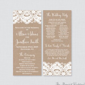 May include: A wedding ceremony program with a burlap background and white lace accents. The program lists the wedding party, the ceremony order, and a message to family and friends. The text reads "Welcome to the Wedding of Allison Adams and Jonathan Smith, September 19th, 2019, Baltimore, MA".