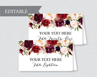 Printable Wedding Place Cards - EDITABLE Marsala Wedding Table Place Cards, Rustic Pink and Burgundy Printable Escort Cards for Wedding 0006