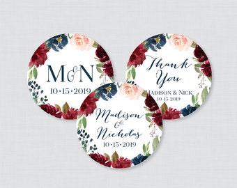 Printable OR Printed Wedding Stickers - Navy and Marsala Floral Circle Wedding Labels, Personalized Wedding Favor Tags/Stickers, Navy 0010