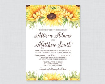 Printable OR Printed Wedding Invitations - Sunflower Wedding Invitations, Rustic Yellow Sunflower Wedding Invites, White Brown Yellow 0019-A