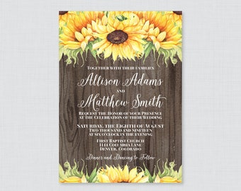 Printable OR Printed Wedding Invitations - Sunflower Wedding Invitations, Rustic Wood Sunflower Wedding Invites, Wood Brown Yellow 0019-B