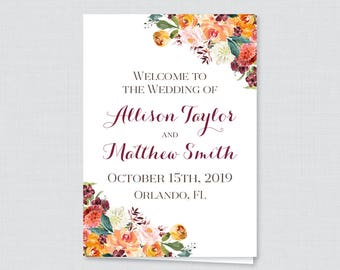 Printable OR Printed Wedding Program Booklet - Fall Floral Wedding Ceremony Programs, Personalized Program Rustic Autumn Flower 0008