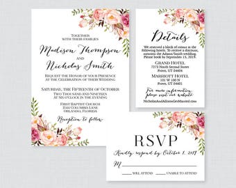Printable OR Printed Wedding Invitation Suite - Pink Floral Wedding Invitation Package - Rustic Pink Flower Wedding Invites 0004