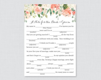 Printable Wedding Mad Libs - Peach Floral Wedding Mad Libs Cards for Advice - Peach and Cream Flower Wedding Reception Game/Activity 0009