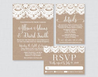 Printable OR Printed Wedding Invitation Suite - Burlap and Lace Wedding Invitation Package - Rustic Wedding Invites with Burlap Lace 0002