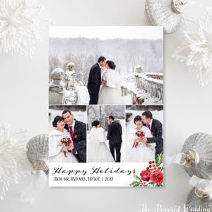 May include: A holiday card featuring a collage of wedding photos in a snowy outdoor setting. The card includes the text "Happy Holidays" and "From Mr. and Mrs. Taylor | 2019" with a floral design. Decorative silver ornaments and snowflakes surround the card.