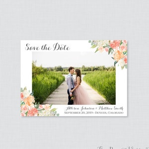 Photo Save the Date Magnets - Peach Floral Photo Save our Date Magnets for Wedding, Peach Save the Date Fridge Magnets, Personalized 0009