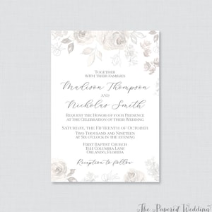 Printable OR Printed Wedding Invitations - Gray Floral Wedding Invitations, Sketched Flower Wedding Invites, Modern Invitations 0015