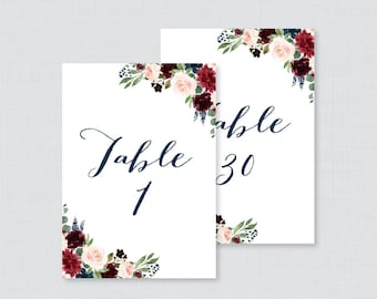 Printable Wedding Table Numbers - Navy and Marsala Floral Table Numbers for Wedding, Instant Download Table Numbers with Numbers 1-30, 0010