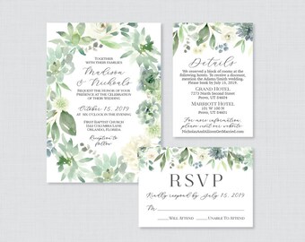 Printable OR Printed Succulent Wreath Wedding Invitation Suite - Green Succulent Wedding Invitation Package - Leaf Wedding Invite 0023
