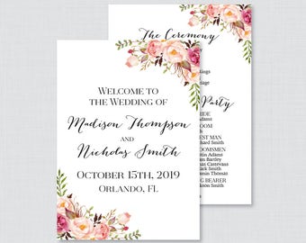 Printable OR Printed Wedding Programs - Pink Flower Wedding Ceremony Program Cards, Personalized Wedding Program Template Rustic Floral 0004