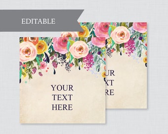 EDITABLE Wedding Tags - Printable Floral Wedding Labels, Colorful Flower Square Wedding Buffet Labels or Tags, Editable Tags Wedding 0003-A
