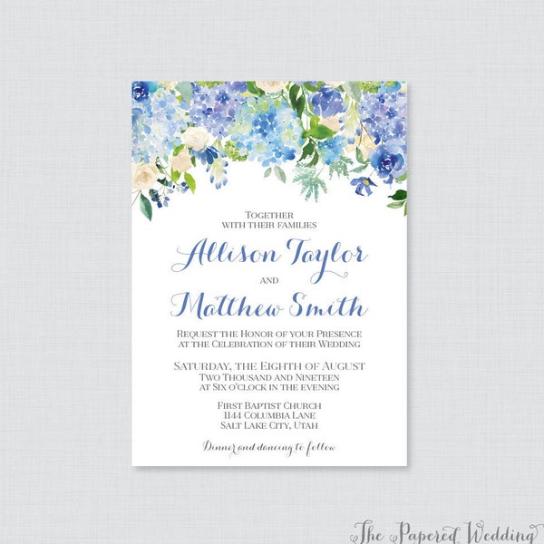 Printable OR Printed Wedding Invitations - Blue Hydrangea Floral Wedding Invitations, Blue and White Flower Wedding Invite Cards - 0022