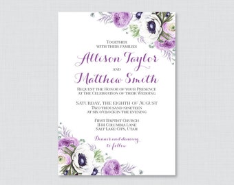 Printable OR Printed Wedding Invitations - Purple Wedding Invitations, Purple Flower Wedding Invites, Purple and White Invitations 0016