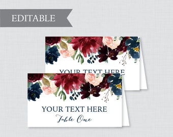 Printable Wedding Place Cards - EDITABLE Navy and Marsala Wedding Table Place Cards, Rustic Burgundy Printable Escort Cards for Wedding 0010