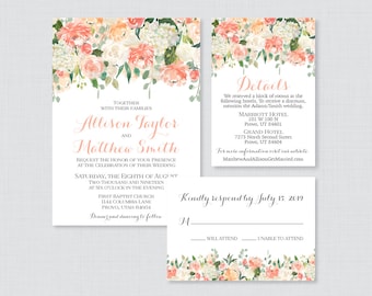 Printable OR Printed Wedding Invitation Suite - Peach and Cream Floral Wedding Invitation Package - Pretty Peach Flower Wedding Invites 0009