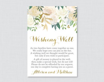 Printable OR Printed Wedding Wishing Well Cards - Gold Floral Wishing Well Wedding, Gold, White, & Cream Flower Wishing Well Inserts 0013