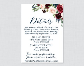 Printable OR Printed Wedding Details Cards - Navy Marsala Floral Details Inserts - Pink Wine Flower Wedding Details Invitation Insert 0010