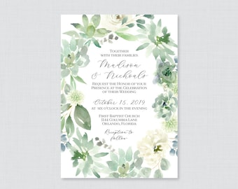 Printable OR Printed Succulent Wedding Invitations - Succulent Wreath Invitations, Green and White Flower Leaves Wedding Invites 0023