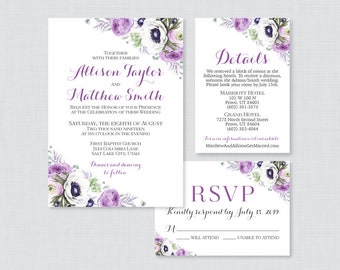 Printable OR Printed Wedding Invitation Suite - Purple Wedding Invitation Package - Purple Flower Wedding Invites - Purple Floral Suite 0016