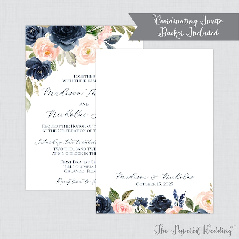 Printable OR Printed Wedding Invitations Navy and Pink - Etsy