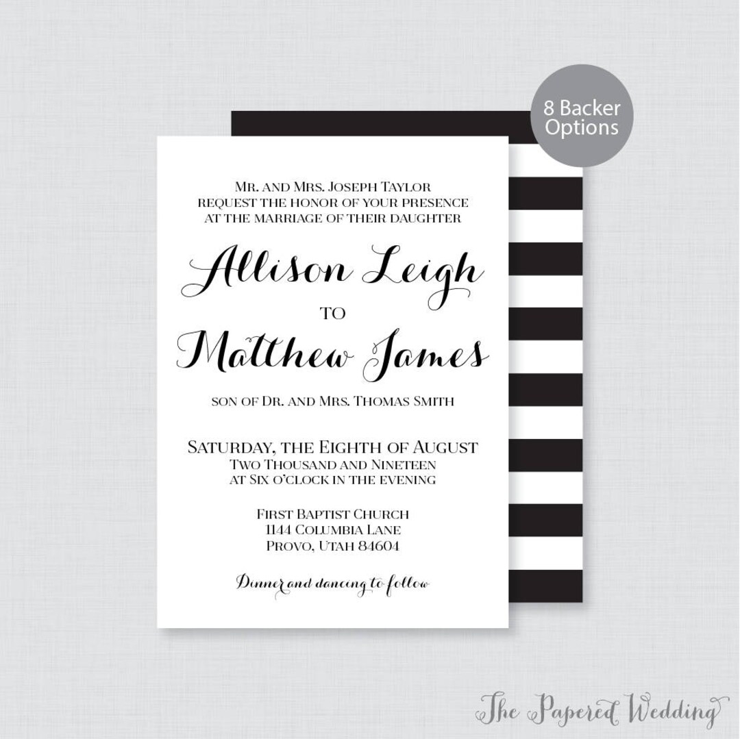 Printable OR Printed Wedding Invitations Black and White Wedding ...