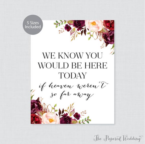 Wedding MEMORIAL Print Rustic Look If Heaven Wasn't So Far 8x10 CARDSTOCK Floral 