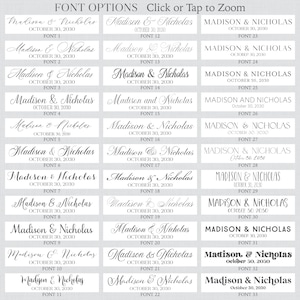 May include: A graphic showing 33 different font options for the names Madison & Nicholas with the date October 30, 2030. The fonts are displayed in a grid of three columns.