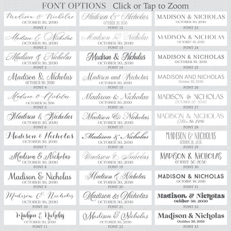 May include: A graphic showing 33 different font options for the names Madison & Nicholas with the date October 30, 2030. The fonts are displayed in a grid of three columns.