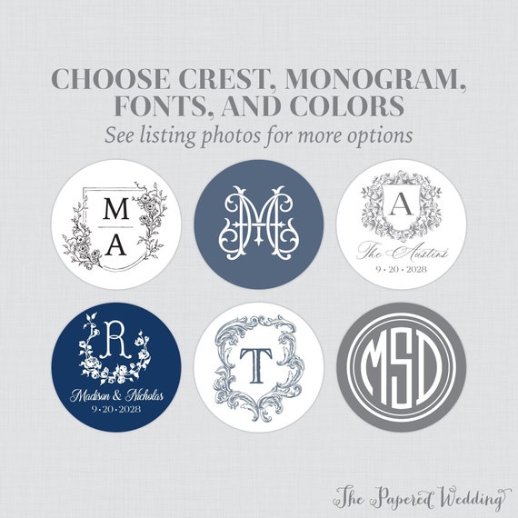 Printable OR Printed Monogram Stickers - Choose Your Crest, Monogram, Fonts, & Font Color - Personalized Welcome Round Circle Labels 0073