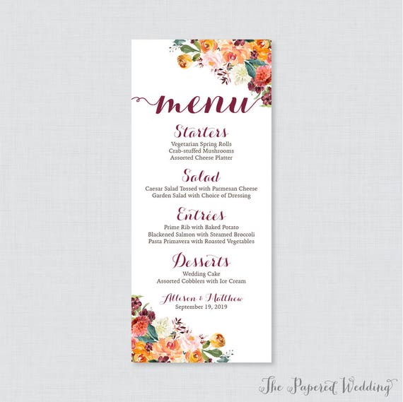 Printable OR Printed Wedding Menu Cards - Fall Floral Wedding Menu Card, Rustic Autumn Flower Menu Cards for Wedding in 4 x 9 Size 0008