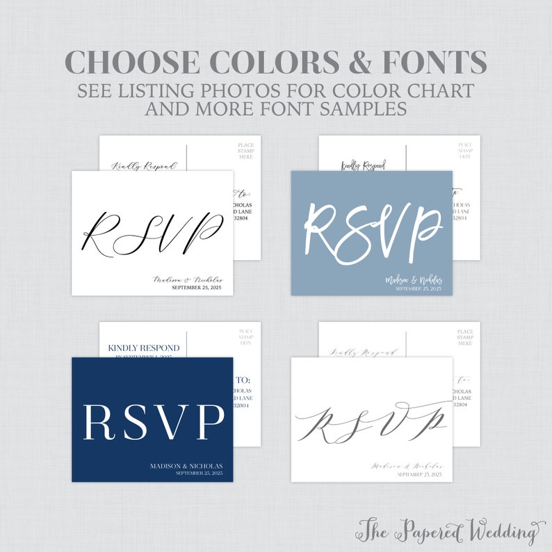 May include: Four different RSVP card designs with the text "RSVP" in various fonts and styles. The cards are in white, blue, and navy blue.