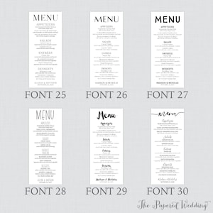 Puede incluir: Una colecci&oacute;n de seis tarjetas de men&uacute; de boda con diferentes estilos de fuente. Cada tarjeta presenta la palabra "MENU" en la parte superior, seguida de secciones para aperitivos, ensaladas, entrantes y postres. La parte inferior de cada tarjeta muestra los nombres de la pareja y la fecha de la boda.