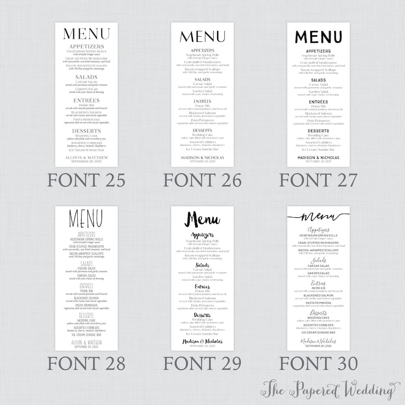 Puede incluir: Una colecci&oacute;n de seis tarjetas de men&uacute; de boda con diferentes estilos de fuente. Cada tarjeta presenta la palabra "MENU" en la parte superior, seguida de secciones para aperitivos, ensaladas, entrantes y postres. La parte inferior de cada tarjeta muestra los nombres de la pareja y la fecha de la boda.