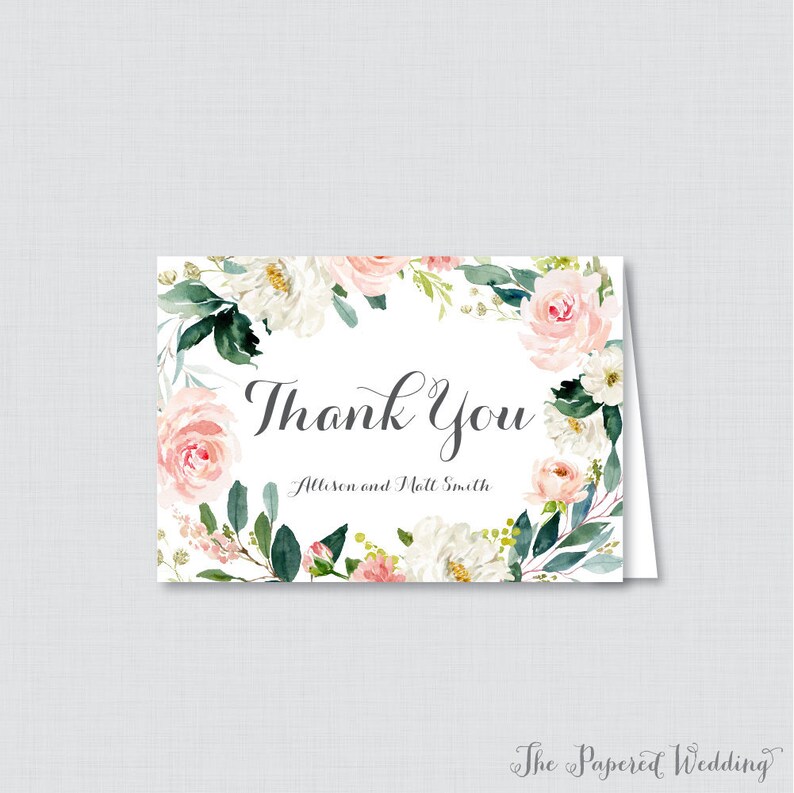 Pink Floral Thank You Cards Wedding Pink White Flower Wreath Personalized Thank You Cards 0017 Printable OR Printed Thank You Cards