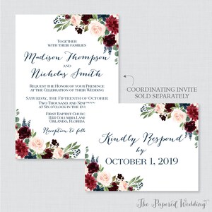 Printable OR Printed Wedding RSVP Postcards - Navy and Marsala Floral ...