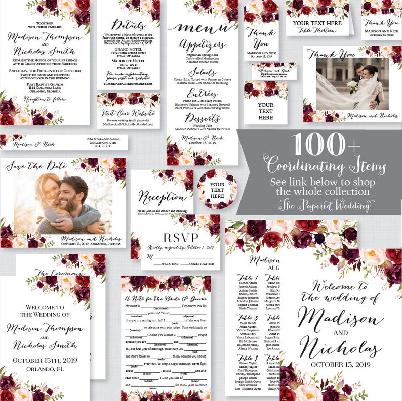 May include: A set of burgundy and blush floral wedding stationery with a rustic and romantic theme. The set includes save the date cards, invitations, RSVP cards, a menu, a reception card, a welcome sign, and a table seating chart. The text on the cards reads "Madison and Nicholas" and "October 15th, 2019".