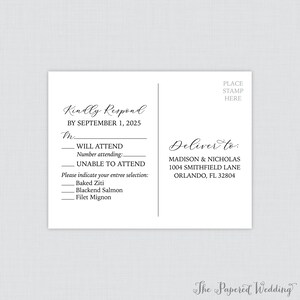 May include: A white RSVP card with black text. The card has a section for guests to indicate whether they will attend the wedding and to choose their entree. The card also includes the address to send the RSVP to: Madison & Nicholas, 1004 Smithfield Lane, Orlando, FL 32804.