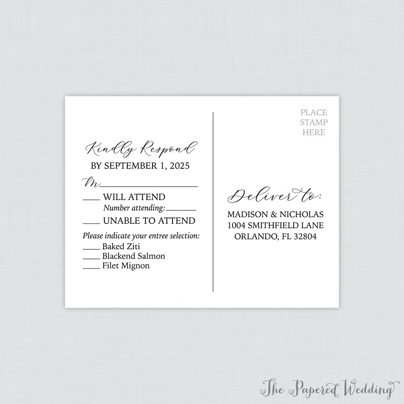 May include: A white RSVP card with black text. The card has a section for guests to indicate whether they will attend the wedding and to choose their entree. The card also includes the address to send the RSVP to: Madison & Nicholas, 1004 Smithfield Lane, Orlando, FL 32804.